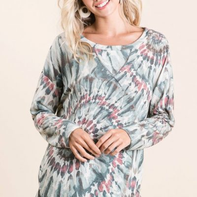 Tie Dye Terry Top with Contrast Stitching - Hunter Green