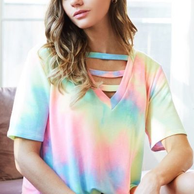 Tie-Dye V-Neck Short Sleeve T-Shirt - Pastel Tiedye
