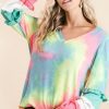 Tie Dye V Neck Top with Color Block Sleeves - Pastel Tie Dye