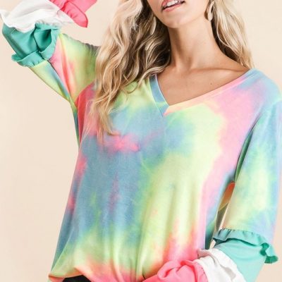 Tie Dye V Neck Top with Color Block Sleeves - Pastel Tie Dye