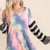 Tie Dye V Neck Top with Stripe Puff Sleeves - Charcoal Tiedye