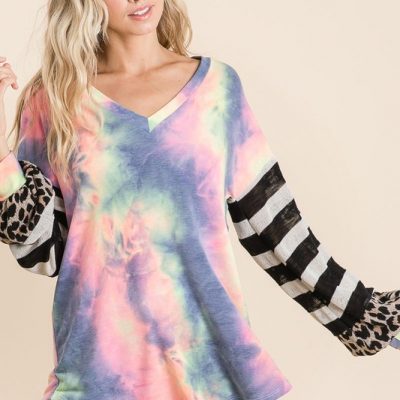 Tie Dye V Neck Top with Stripe Puff Sleeves - Charcoal Tiedye