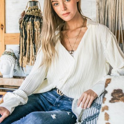 V Neck Pleated Long Sleeves Shirt - Cream