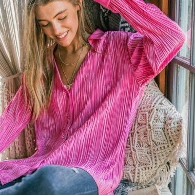 V Neck Pleated Long Sleeves Shirt - Fuchsia