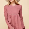 Waffle Knit Babydoll Top with Left Pocket Detail - Mauve