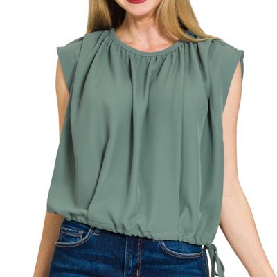 Woven Drawstring Tie Side Sleeveless Top - Ash Jade