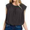 Woven Drawstring Tie Side Sleeveless Top - Black