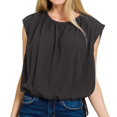 Woven Drawstring Tie Side Sleeveless Top - Black