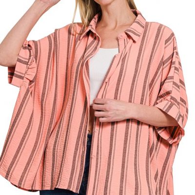 Woven Yarn-Dye Stripe Oversized Button Down Shirt - Coral