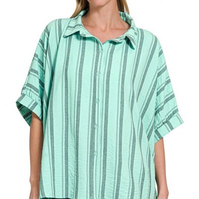 Woven Yarn-Dye Stripe Oversized Button Down Shirt - Mint