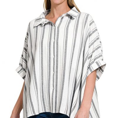 Woven Yarn-Dye Stripe Oversized Button Down Shirt - White/Black